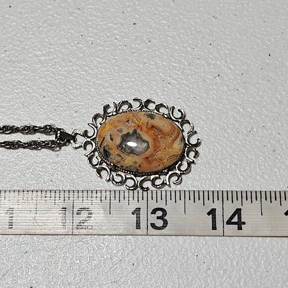 Vintage Elegant Crazy Lace Jasper Pendant Necklace Silver Tone Fashion Jewelry - Picture 6 of 6